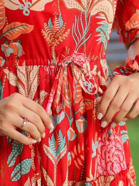 Women Floral Print Puff Sleeve Pure Cotton Fit & Flare Midi Dress